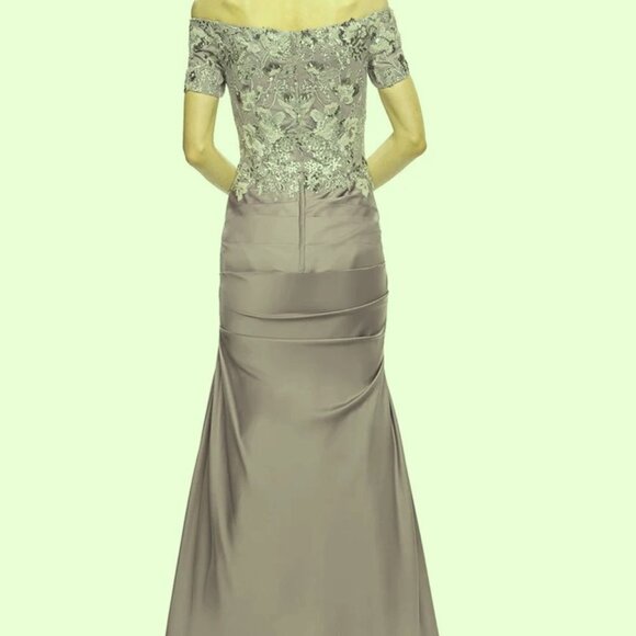 La Femme Silver Floral Beaded Embroidered Off the Shoulder Mermaid Gown - Picture 3 of 5